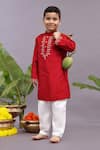 Buy_LA DEE DA_Red Bamberg Silk Placement Embroidery Floret Kurta With Pyjama _at_Aza_Fashions