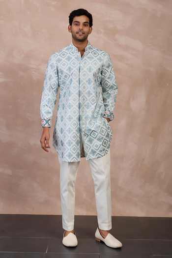 Buy_Arjan Dugal_Ivory Cotton Satin, Chanderi Silk Embroidery Mosaic Blossom Kurta With Pant _at_Aza_Fashions