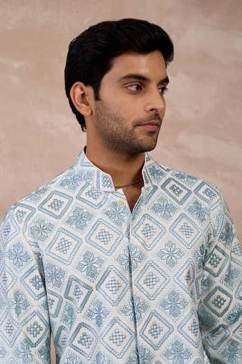 Shop_Arjan Dugal_Ivory Cotton Satin, Chanderi Silk Embroidery Mosaic Blossom Kurta With Pant _at_Aza_Fashions