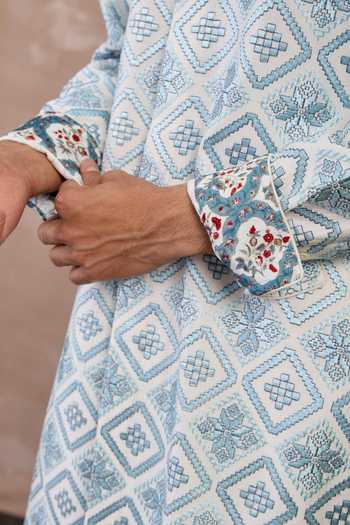 Buy_Arjan Dugal_Ivory Cotton Satin, Chanderi Silk Embroidery Mosaic Blossom Kurta With Pant _Online_at_Aza_Fashions