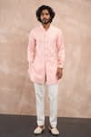 Buy_Arjan Dugal_Pink Cotton Satin, Chanderi Silk Embroidery Inara Floral Motif Kurta With Pant _at_Aza_Fashions