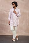 Buy Arjan Dugal Pink Cotton Satin, Chanderi Silk Embroidery Kairos Front Open Kurta With Pant at Aza Fashions Buy_Arjan Dugal_Pink Cotton Satin, Chanderi Silk Embroidery Kairos Front Open Kurta With Pant _at_Aza_Fashions
