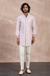 Arjan Dugal Pink Cotton Satin, Chanderi Silk Embroidery Kairos Front Open Kurta With Pant Online at Aza Fashions Arjan Dugal_Pink Cotton Satin, Chanderi Silk Embroidery Kairos Front Open Kurta With Pant _Online_at_Aza_Fashions