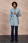 Buy_Arjan Dugal_Blue Chanderi Silk Print Chintz Zaal Embroidered Short Kurta With Pant _at_Aza_Fashions