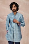 Arjan Dugal_Blue Chanderi Silk Print Chintz Zaal Embroidered Short Kurta With Pant _Online_at_Aza_Fashions