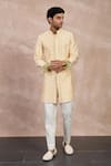 Arjan Dugal_Yellow Cotton Satin Print Big Flower Embroidered Straight Kurta With Pant _Online_at_Aza_Fashions