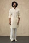 Shop_Arjan Dugal_Off White Organza Embroidery Star Straight Kurta With Pant _at_Aza_Fashions