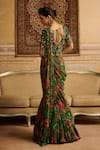 Shop_DiyaRajvvir_Green Tulle Printed Floral V Neck Pre-draped Saree Set _at_Aza_Fashions