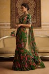 DiyaRajvvir_Green Tulle Printed Floral V Neck Pre-draped Saree Set _Online_at_Aza_Fashions