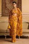 Buy_DiyaRajvvir_Yellow Crepe Printed Floral Scoop Embroidered Cape Draped Skirt Set _at_Aza_Fashions