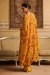 Shop_DiyaRajvvir_Yellow Crepe Printed Floral Scoop Embroidered Cape Draped Skirt Set _at_Aza_Fashions