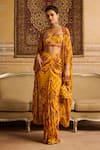 Buy_DiyaRajvvir_Yellow Crepe Printed Floral Scoop Embroidered Cape Draped Skirt Set _Online_at_Aza_Fashions