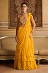 Buy_DiyaRajvvir_Yellow Cotton Silk Embroidered Mirror Pre-draped Ruffled Skirt Saree With Blouse _at_Aza_Fashions