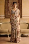 DiyaRajvvir_Green Crepe Print Cosmic Bloom Round Tiered Pre Draped Skirt Saree With Blouse _Online_at_Aza_Fashions