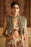 DiyaRajvvir_Green Crepe Print Gardenia Open Neck Bloom And Embroidered Cape Flared Pant Set _Online_at_Aza_Fashions