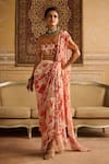 Buy_DiyaRajvvir_Orange Tulle Print Folklore Bloom Open Neck Pre Draped Skirt Saree With Blouse _at_Aza_Fashions