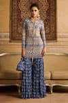 Buy_DiyaRajvvir_Blue Raw Silk Print Chevron Split V Beaded And Embroidered Jacket Gharara Set _at_Aza_Fashions