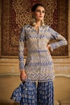 Shop_DiyaRajvvir_Blue Raw Silk Print Chevron Split V Beaded And Embroidered Jacket Gharara Set _Online_at_Aza_Fashions