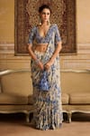 Buy_DiyaRajvvir_Blue Crepe Embroidered Floral Jaal Plunge Print Pre-draped Saree And Blouse Set _at_Aza_Fashions