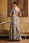 Shop_DiyaRajvvir_Blue Crepe Embroidered Floral Jaal Plunge Print Pre-draped Saree And Blouse Set _at_Aza_Fashions