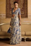 DiyaRajvvir_Blue Crepe Embroidered Floral Jaal Plunge Print Pre-draped Saree And Blouse Set _Online_at_Aza_Fashions