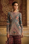 Shop_DiyaRajvvir_Green Raw Silk Embroidered Mirror Round Jacket Kurta With Gharara _Online_at_Aza_Fashions