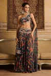 Buy_DiyaRajvvir_Blue Crepe Embroidered Mirror Asymmetric Floral Printed Pleated Pant With Blouse _at_Aza_Fashions