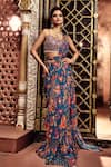 Buy_DiyaRajvvir_Blue Crepe Embroidered Floral Butta V Printed Pre-draped Skirt Saree With Blouse _at_Aza_Fashions