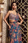 Shop_DiyaRajvvir_Blue Crepe Embroidered Floral Butta V Printed Pre-draped Skirt Saree With Blouse _at_Aza_Fashions