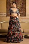 Buy_DiyaRajvvir_Blue Crepe Embroidered Floral V Neck Print Lehenga Set With Choker Dupatta _at_Aza_Fashions