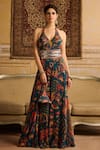 Buy_DiyaRajvvir_Blue Crepe Embroidered Floral Halter Printed Jumpsuit With Potli Bag _at_Aza_Fashions