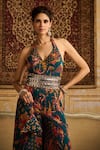 DiyaRajvvir_Blue Crepe Embroidered Floral Halter Printed Jumpsuit With Potli Bag _Online_at_Aza_Fashions