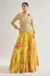 Buy_Gopi Vaid_Yellow Organza Embroidery Zari Thread V Neck Mili Floral Jacket And Lehenga Set _at_Aza_Fashions