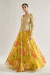 Buy_Gopi Vaid_Yellow Organza Embroidery Zari Thread V Neck Mili Floral Jacket And Lehenga Set _Online_at_Aza_Fashions