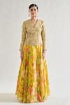 Buy_Gopi Vaid_Yellow Organza Embroidery Zari Thread V Neck Mili Floral Jacket And Lehenga Set 