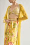 Gopi Vaid_Yellow Skirt Satin Embroidery Badla Cape Open Saisha Set _at_Aza_Fashions