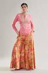 Buy_Gopi Vaid_Pink Tussar Print Floral Mandarin Palomi Embroidered Tunic With Flared Pant _at_Aza_Fashions