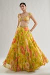 Buy_Gopi Vaid_Yellow Lehenga Organza Print Floral V Neck Riddhi Bloom With Blouse _at_Aza_Fashions