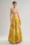 Gopi Vaid_Yellow Lehenga Organza Print Floral V Neck Riddhi Bloom With Blouse _at_Aza_Fashions