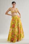 Buy_Gopi Vaid_Yellow Lehenga Organza Print Floral V Neck Riddhi Bloom With Blouse 