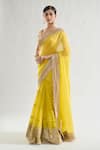 Shop_Gopi Vaid_Yellow Saree Chiffon Print Floral V Neck Kanika Embroidered Border With Blouse _Online_at_Aza_Fashions