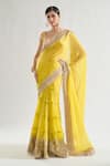 Gopi Vaid_Yellow Saree Chiffon Print Floral V Neck Kanika Embroidered Border With Blouse _at_Aza_Fashions