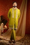 Buy_Kaaj Button_Green Chanderi Silk Embroidery Mirror Placket Bundi And Kurta Set _Online_at_Aza_Fashions