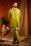 Shop_Kaaj Button_Green Chanderi Silk Embroidery Mirror Placket Bundi And Kurta Set _Online_at_Aza_Fashions