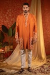 Buy_Kaaj Button_Orange Chanderi Silk Embroidery Gota Honeycomb Layered Kurta Set _at_Aza_Fashions