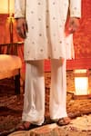 Kaaj Button_Ivory Silk Woven Stripe Kurta Set _Online_at_Aza_Fashions