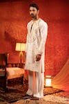 Buy_Kaaj Button_Ivory Silk Woven Stripe Kurta Set _Online_at_Aza_Fashions