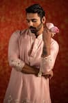 Kaaj Button_Pink Chanderi Silk Embroidery Mirror Kite Kurta Set _Online_at_Aza_Fashions