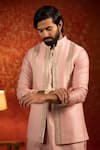 Buy_Kaaj Button_Pink Chanderi Silk Embroidery Mirror Race Track Bundi And Kurta Set _Online_at_Aza_Fashions