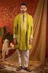 Buy_Kaaj Button_Green Chanderi Silk Woven Stripe Placket Kurta Set _at_Aza_Fashions